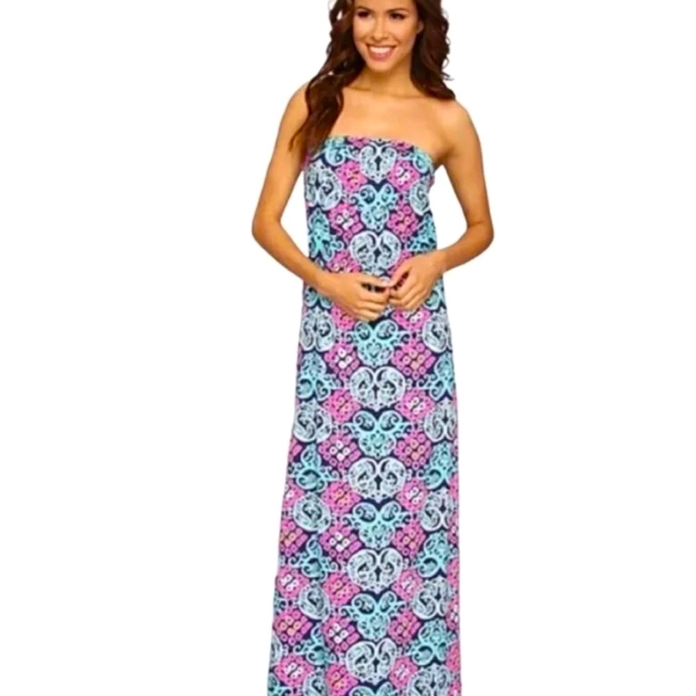Lilly Pulitzer Marlisa Strapless Maxi Dress Behind the Gate Size Large EUC